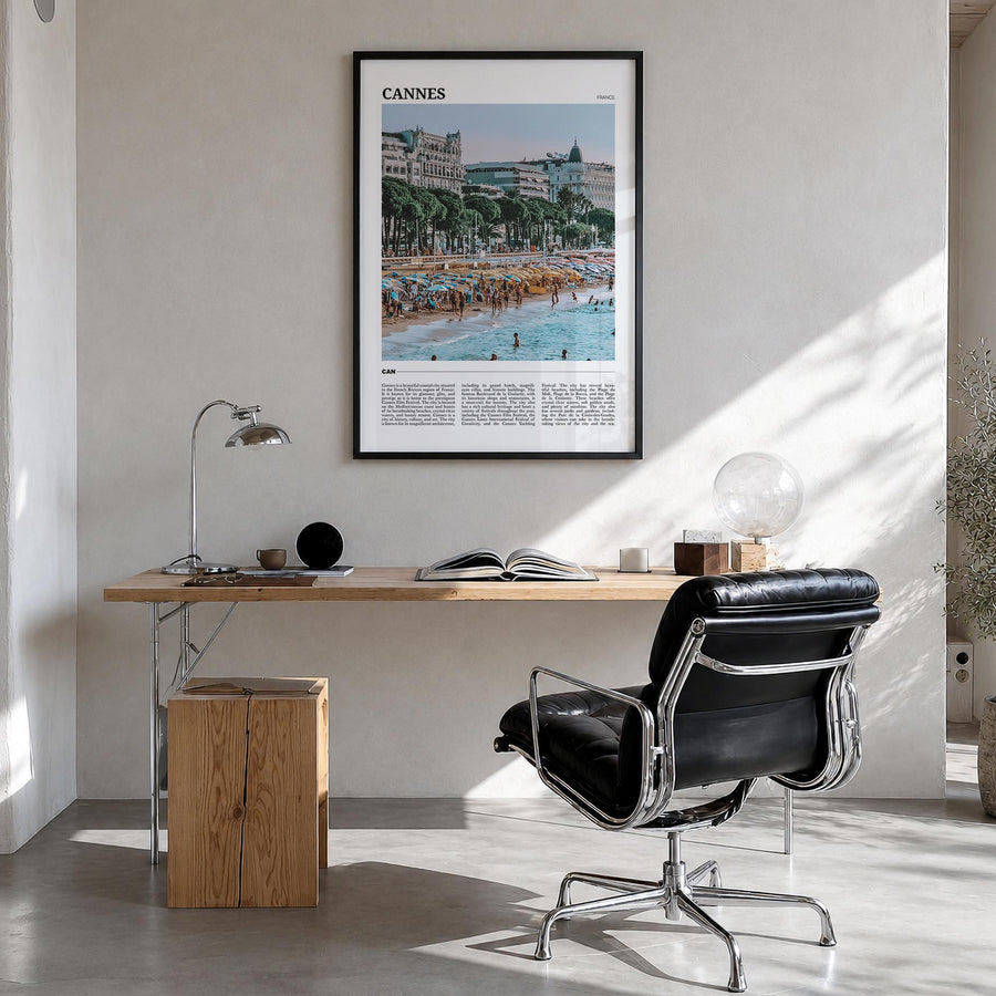 Cannes colorful travel poster of France – vertical wall art in black wood frame, hanging on wall
