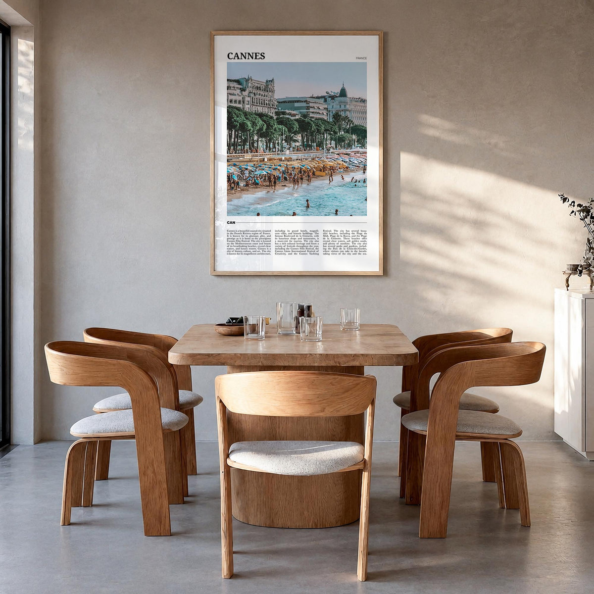 Cannes colorful travel poster of France – vertical wall art in natural wood frame, hanging on wall