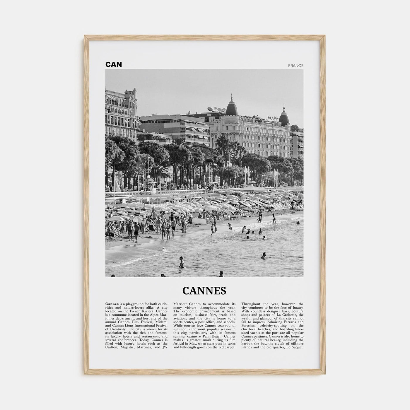 Cannes Poster Natural Wood / 8x12 in Nbourhood Travel B&W Poster