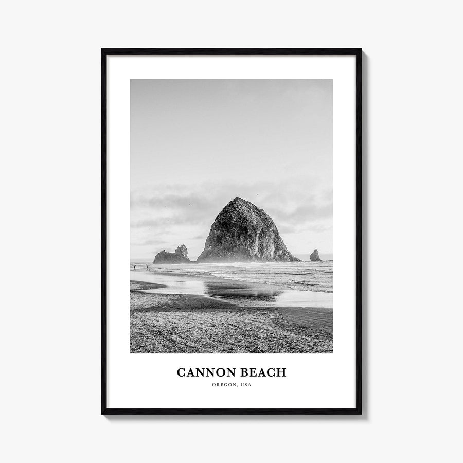 Cannon Beach black & white classic poster of Oregon, USA – vertical wall art, unframed print shown in interior mockup