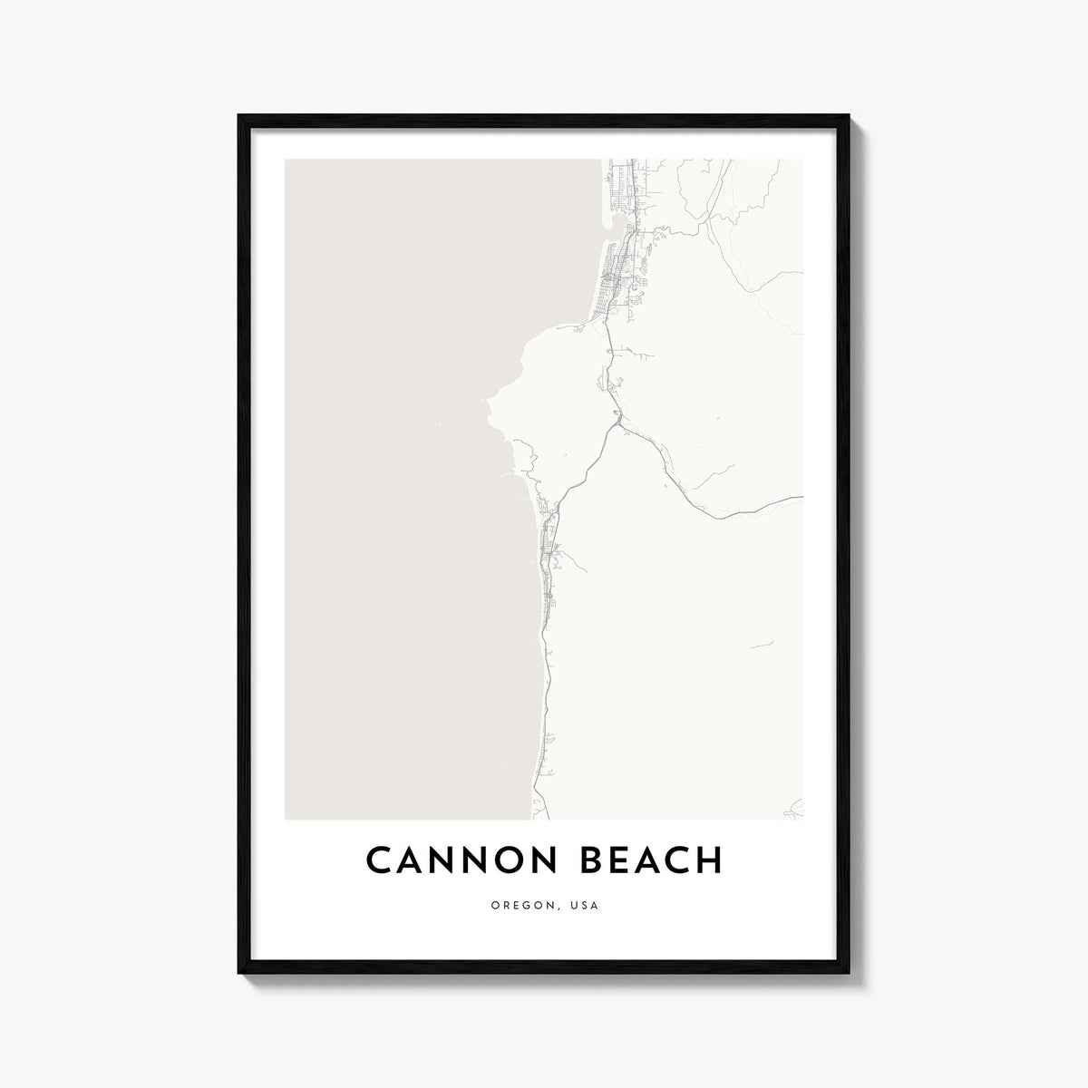 Cannon Beach black & white map poster of Oregon, USA – vertical wall art, unframed print shown in interior mockup