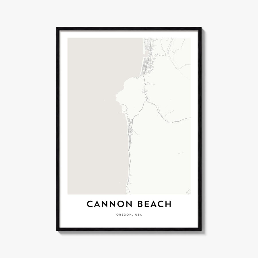 Cannon Beach black & white map poster of Oregon, USA – vertical wall art, unframed print shown in interior mockup