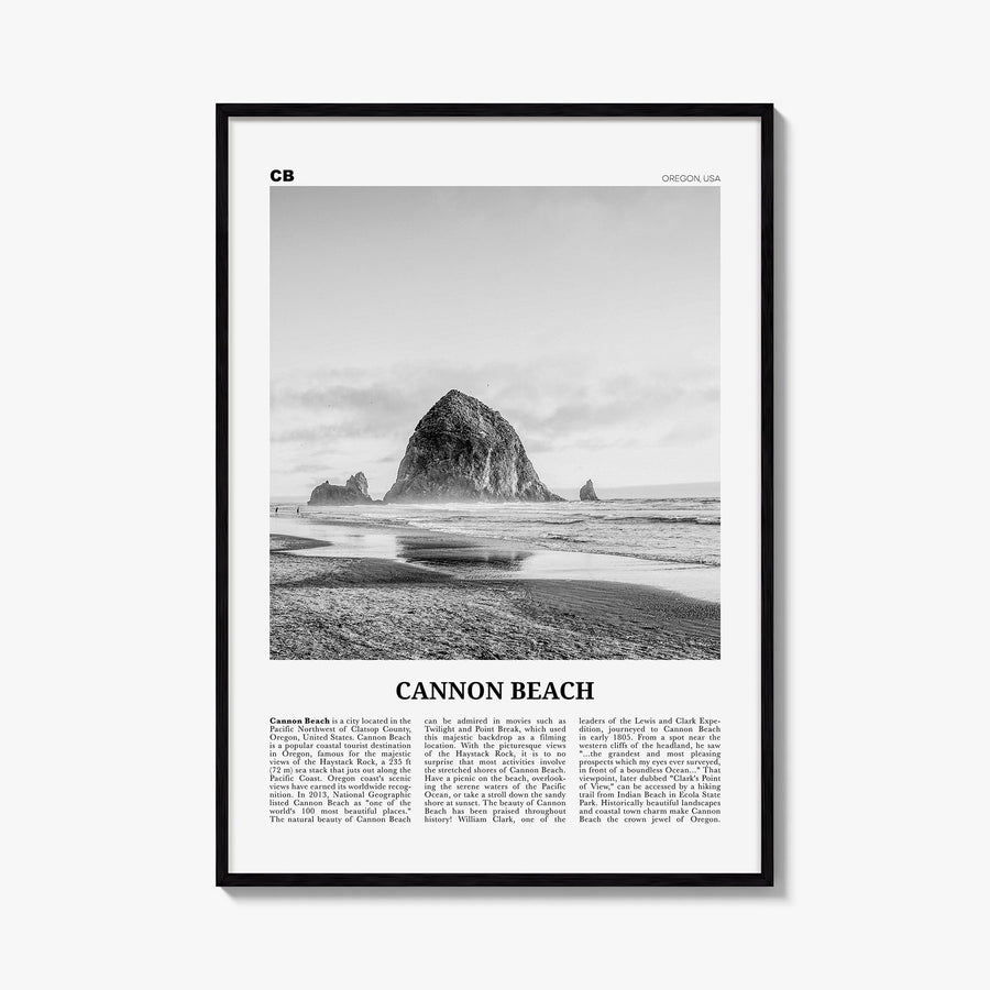 Cannon Beach black & white newspaper poster of Oregon, USA – vertical wall art, unframed print shown in interior mockup