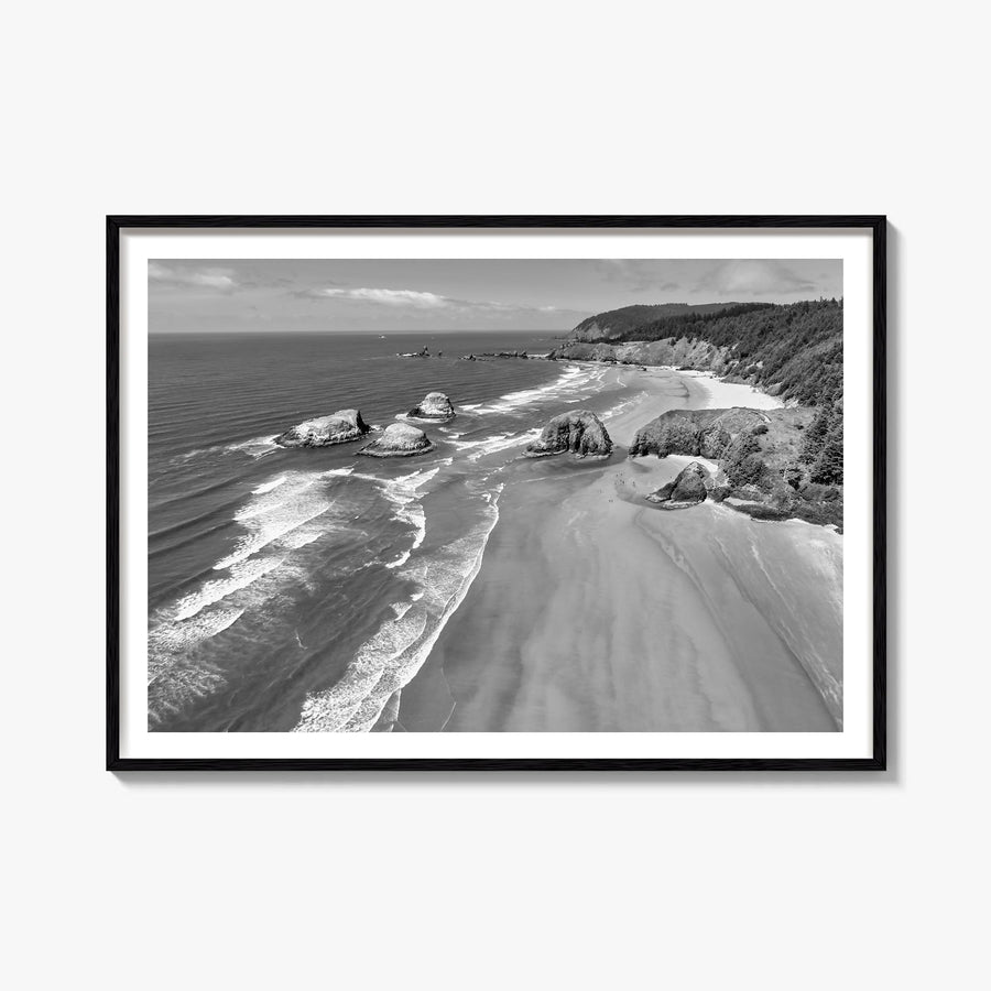 Cannon Beach black & white photo poster of Oregon, USA – horizontal wall art, unframed print shown in interior mockup