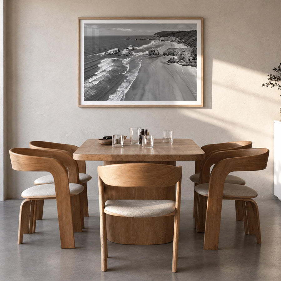 Cannon Beach black & white photo poster of Oregon, USA – horizontal wall art in natural wood frame with white border, hanging
