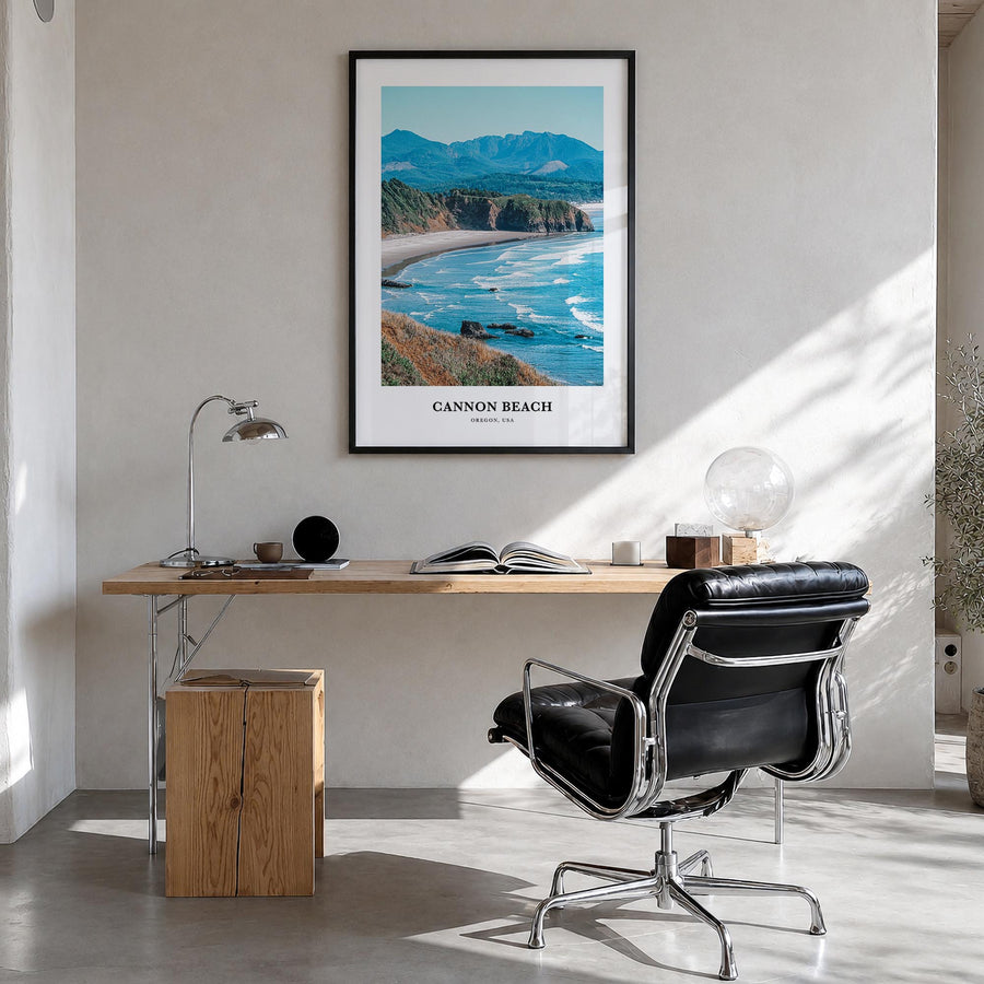 Cannon Beach colorful classic poster of Oregon, USA – vertical wall art in black wood frame, hanging on wall