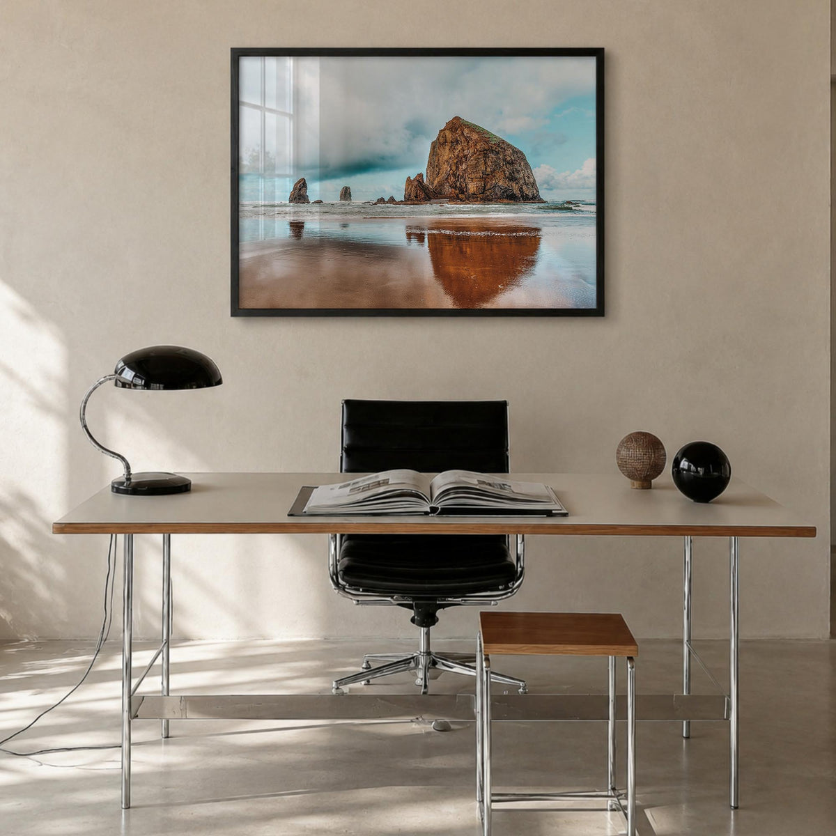Cannon Beach colorful photo poster of Oregon, USA – horizontal wall art in black wood frame, hanging on wall