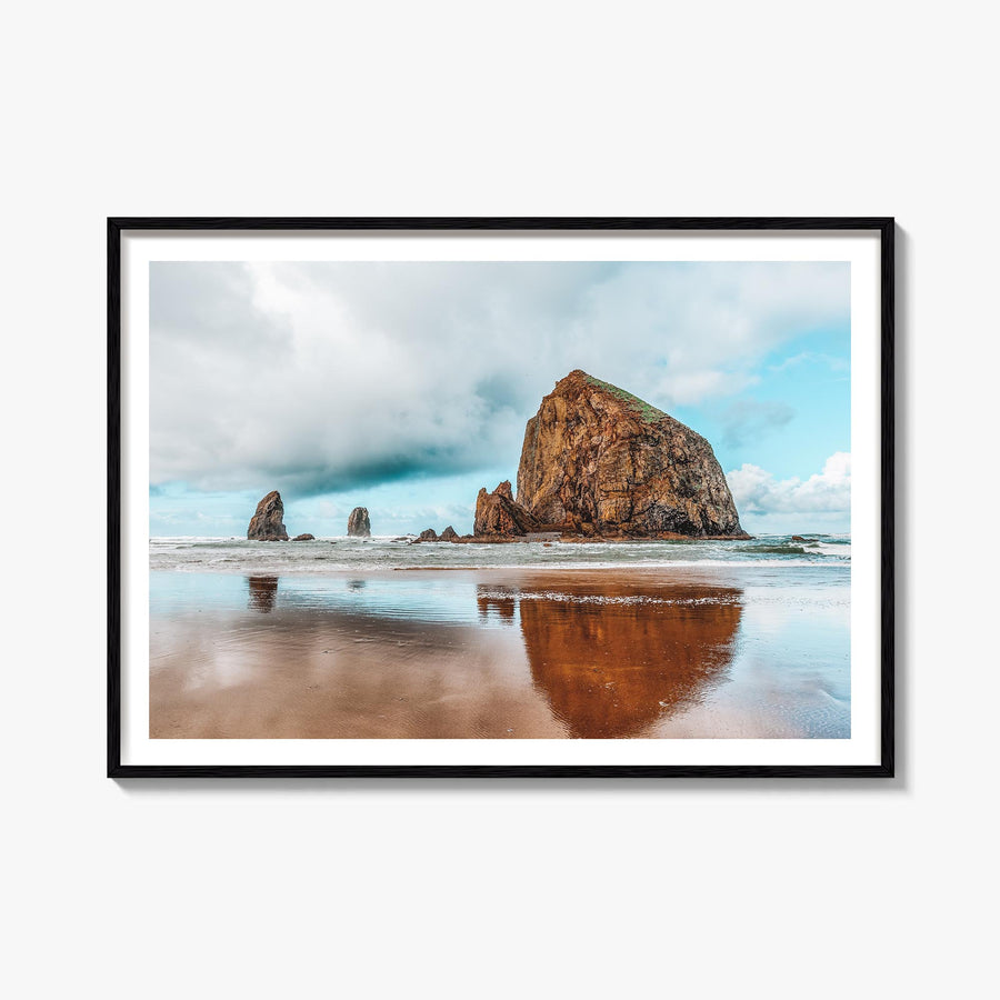 Cannon Beach colorful photo poster of Oregon, USA – horizontal wall art, unframed print shown in interior mockup