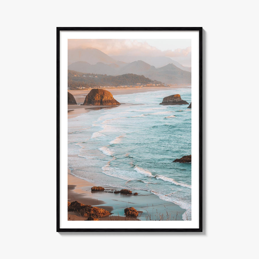 Cannon Beach colorful photo poster of Oregon, USA – vertical wall art, unframed print shown in interior mockup