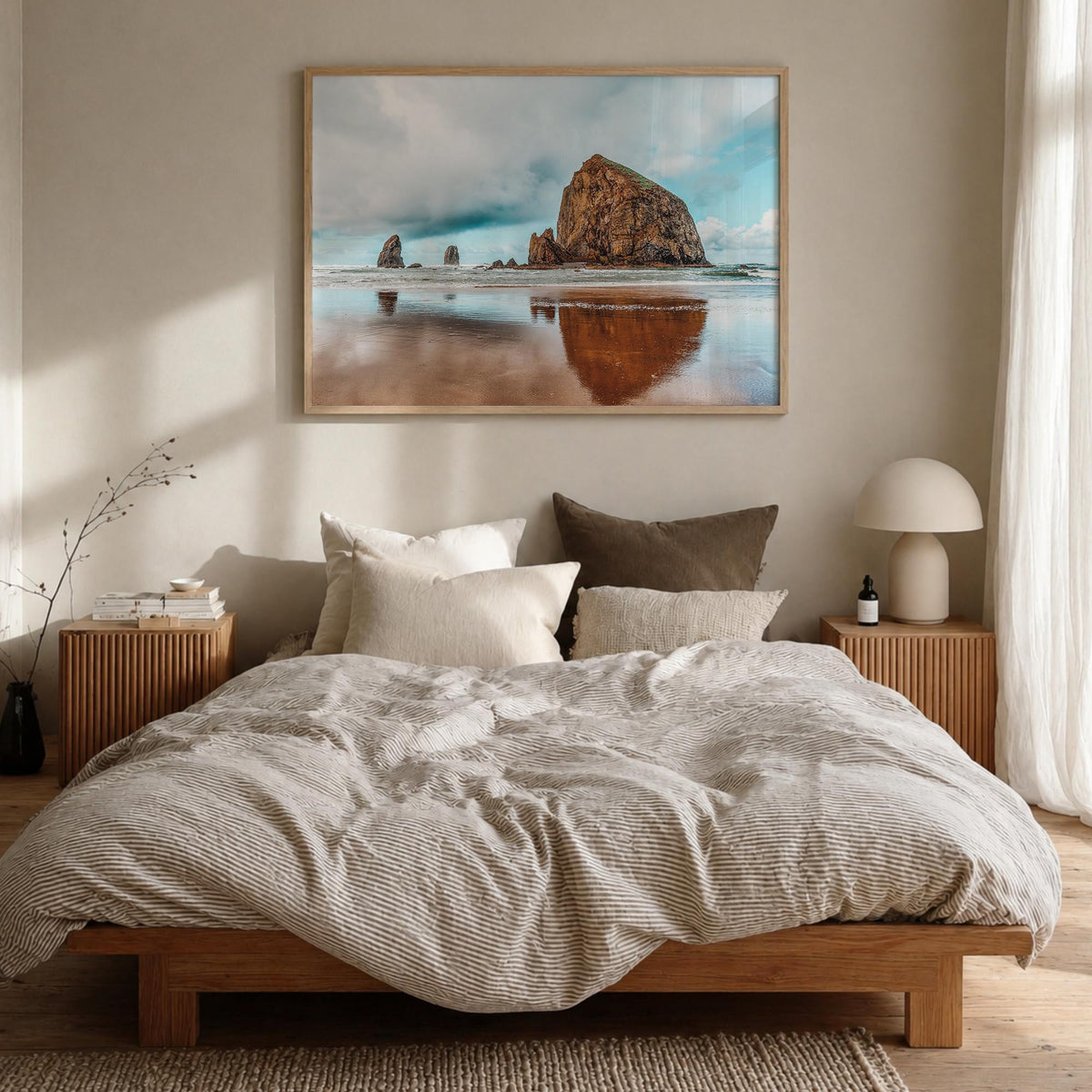 Cannon Beach colorful photo poster of Oregon, USA – horizontal wall art in natural wood frame, hanging on wall