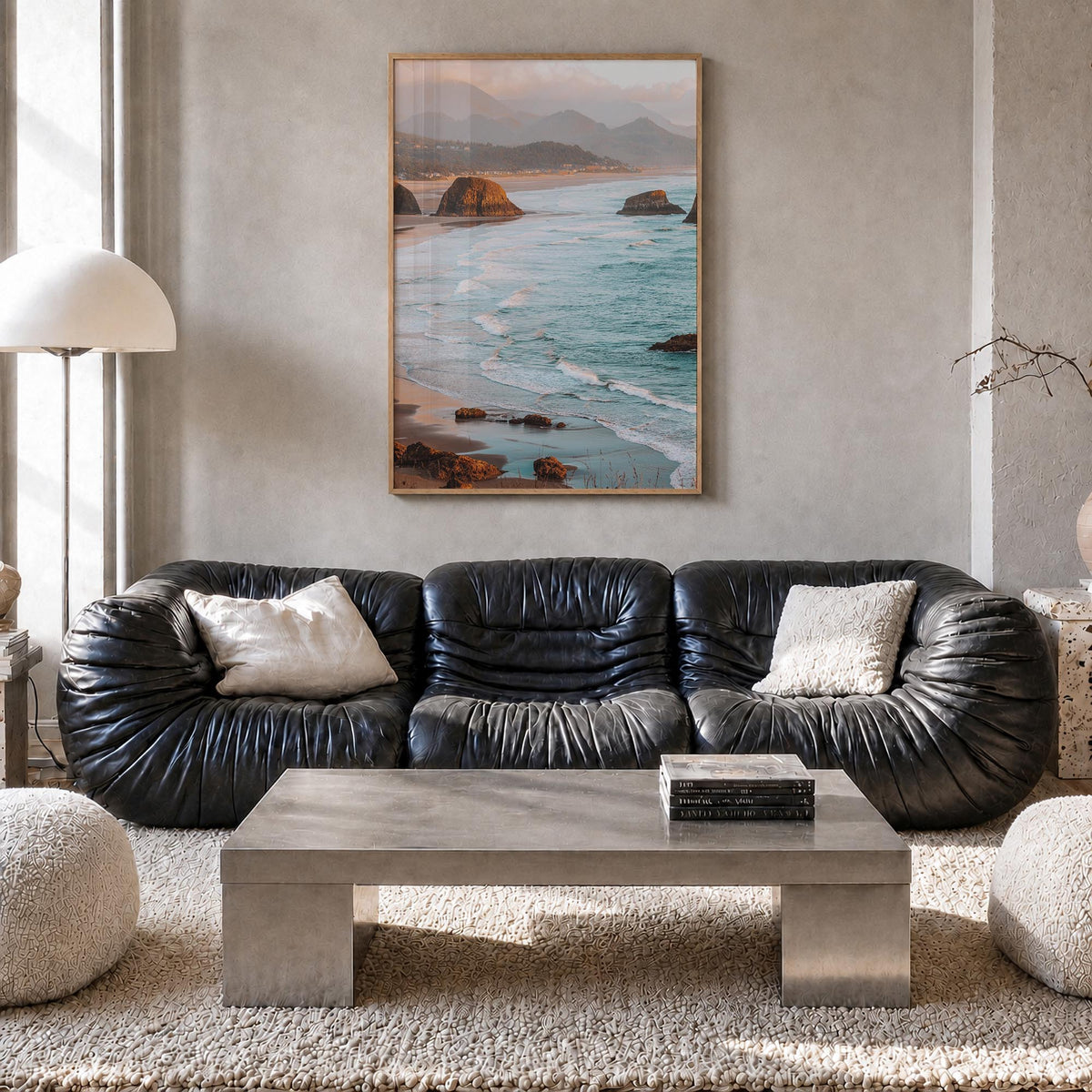 Cannon Beach colorful photo poster of Oregon, USA – vertical wall art in natural wood frame, hanging on wall