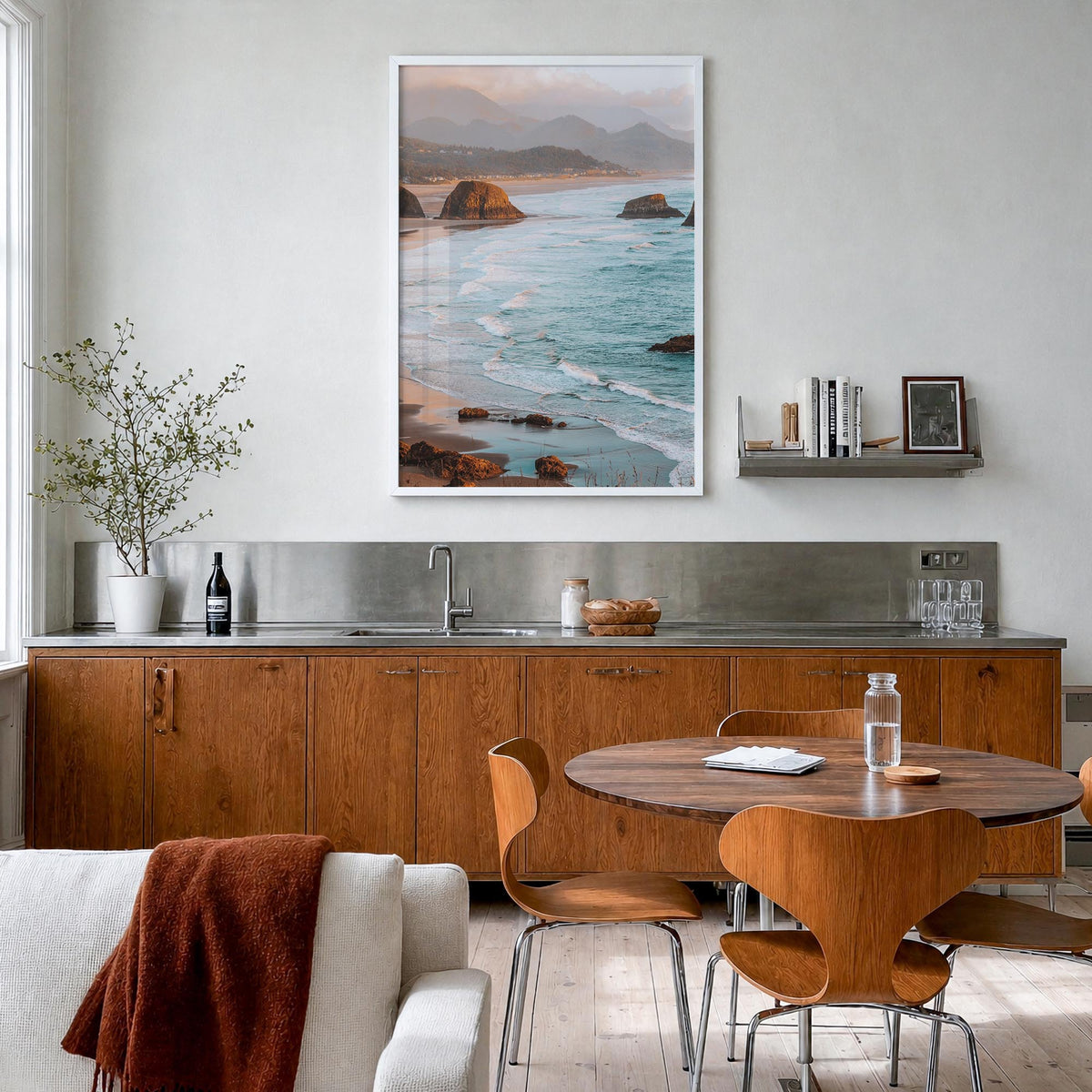 Cannon Beach colorful photo poster of Oregon, USA – vertical wall art in white wood frame, hanging on wall