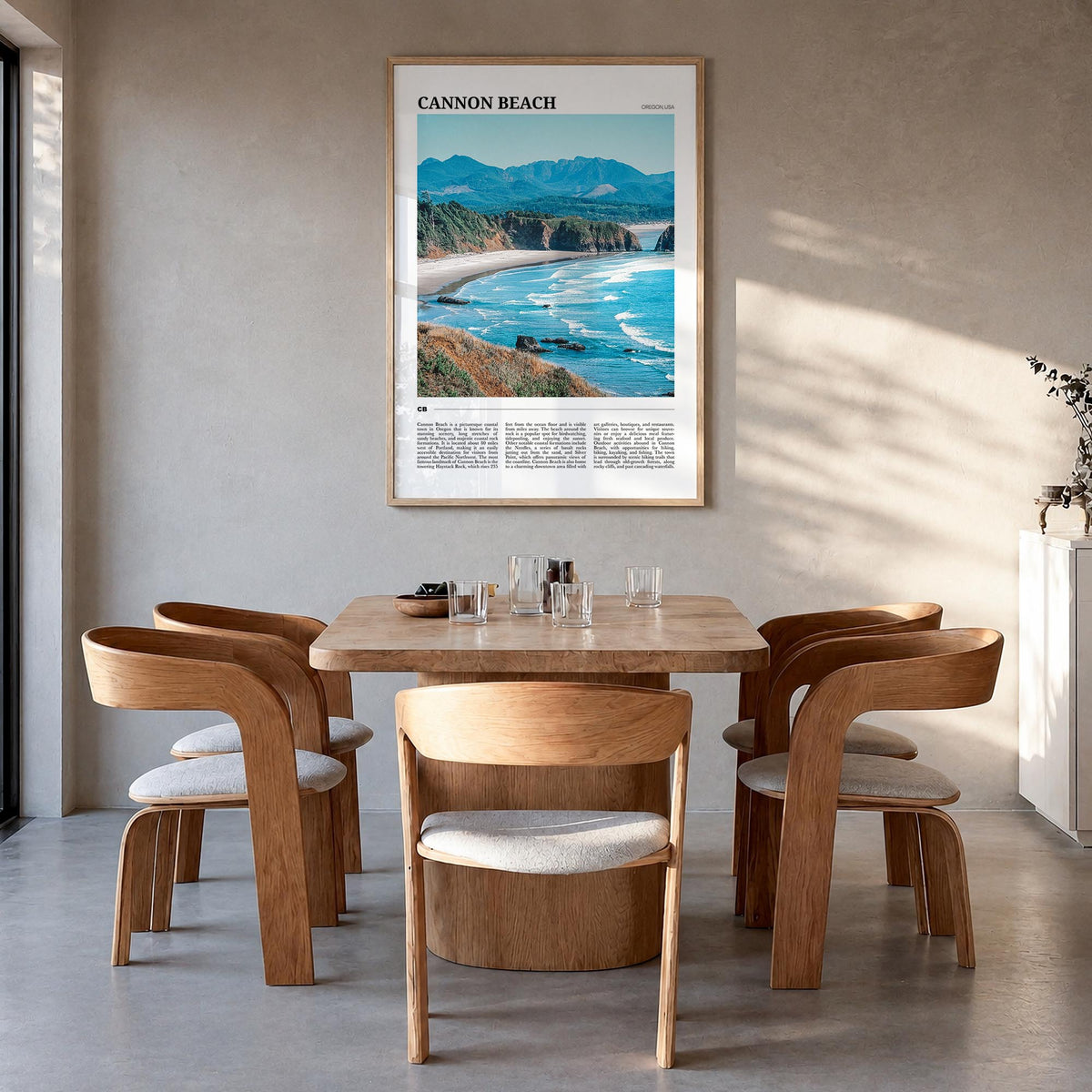 Cannon Beach colorful travel poster of Oregon, USA – vertical wall art in natural wood frame, hanging on wall