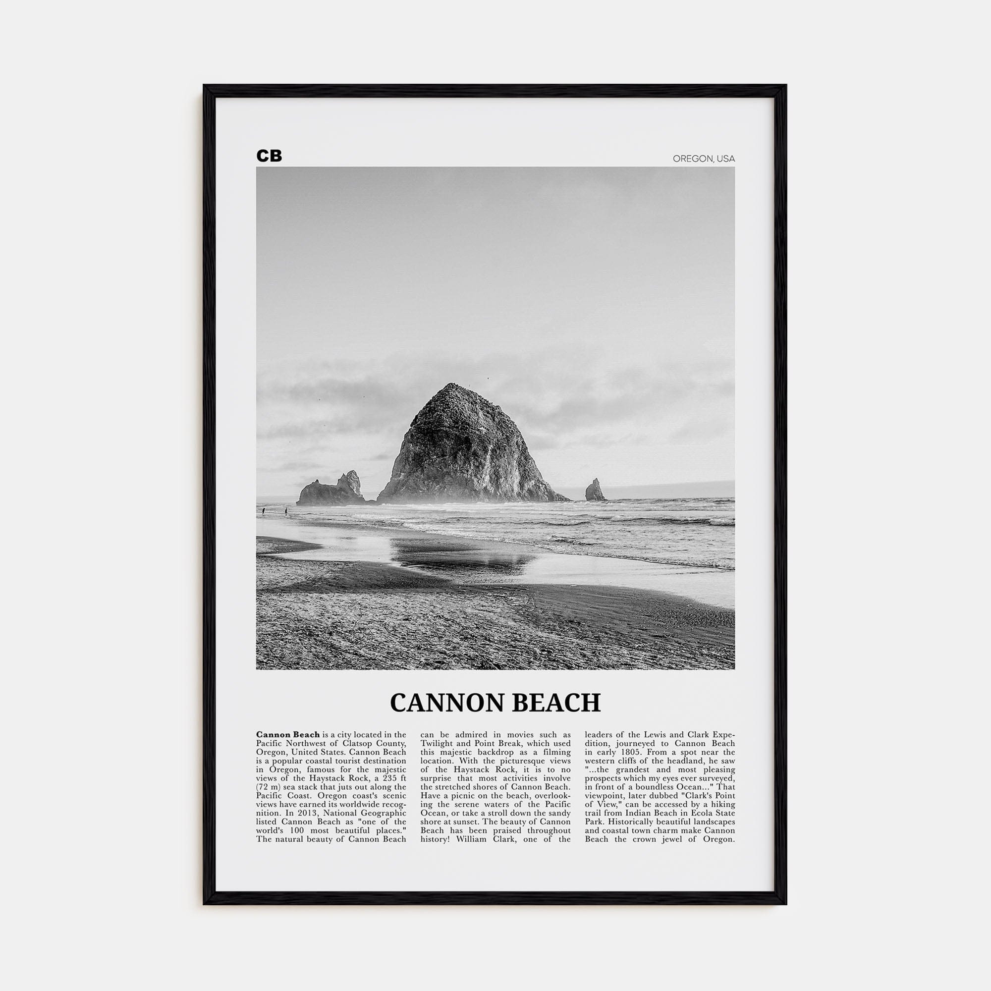 Cannon Beach Poster Black Wood / 8x12 in Nbourhood Travel B&W Poster