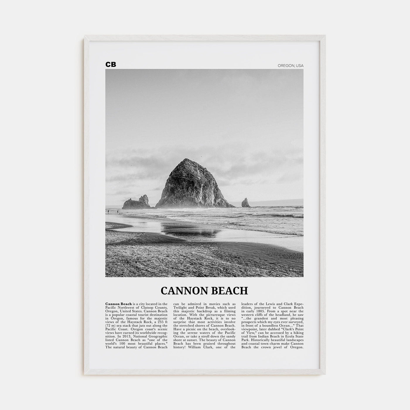 Cannon Beach Poster White Wood / 8x12 in Nbourhood Travel B&W Poster