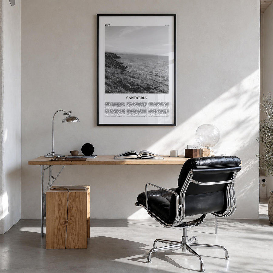 Cantabria black & white newspaper poster of Spain – vertical wall art in black wood frame, hanging on wall