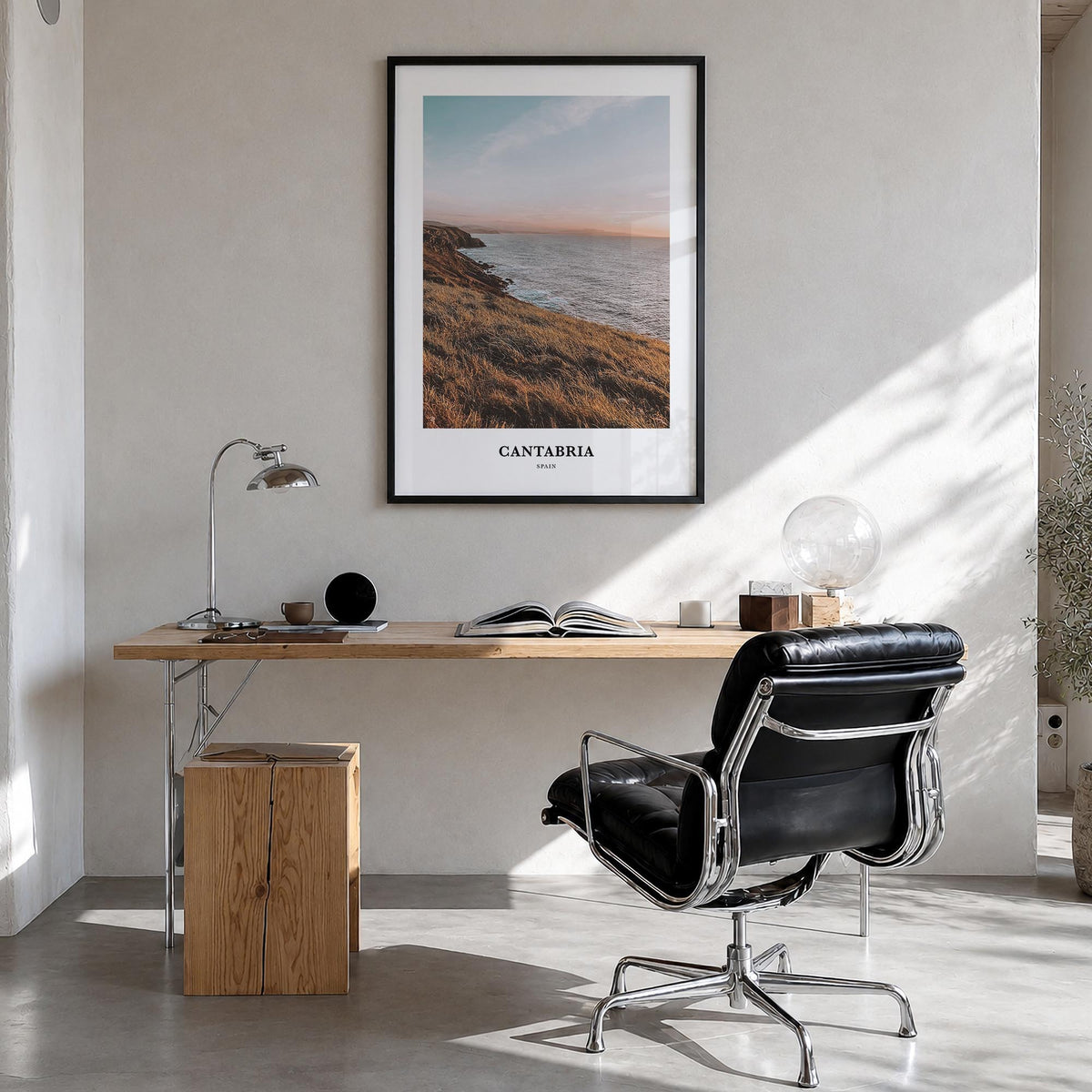 Cantabria colorful classic poster of Spain – vertical wall art in black wood frame, hanging on wall