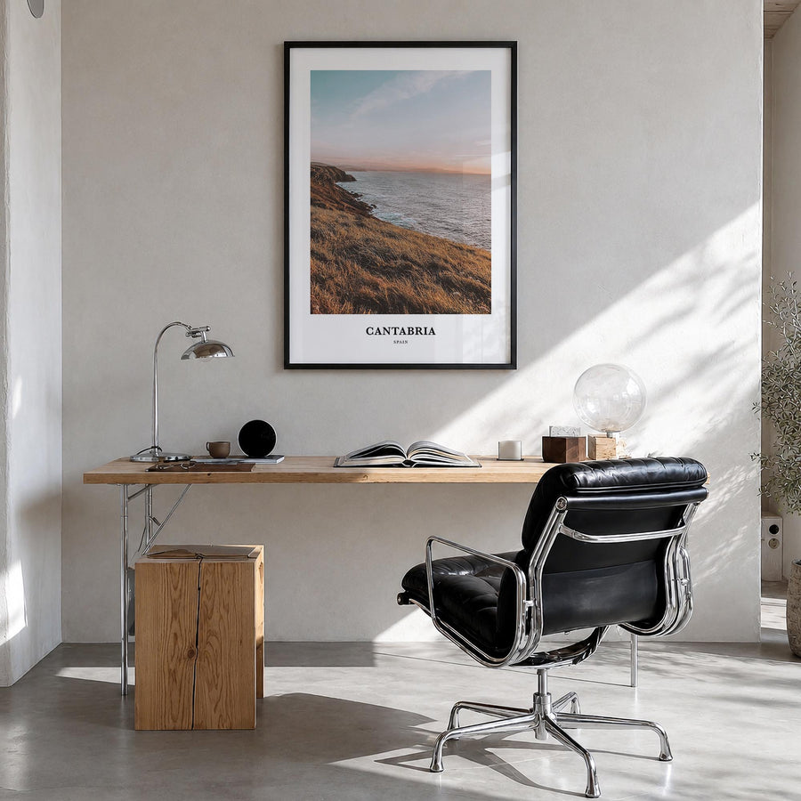 Cantabria colorful classic poster of Spain – vertical wall art in black wood frame, hanging on wall