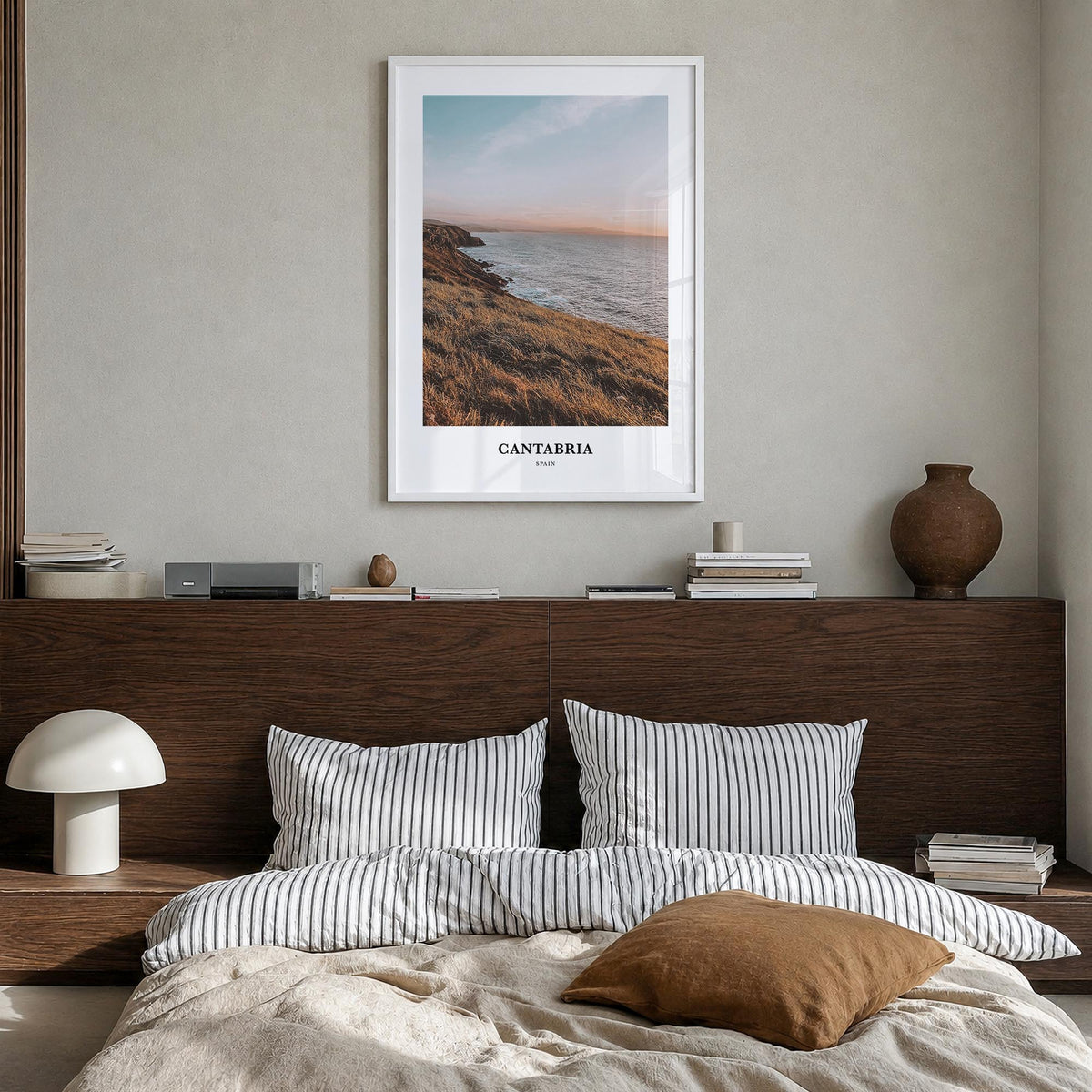 Cantabria colorful classic poster of Spain – vertical wall art in white wood frame, hanging on wall