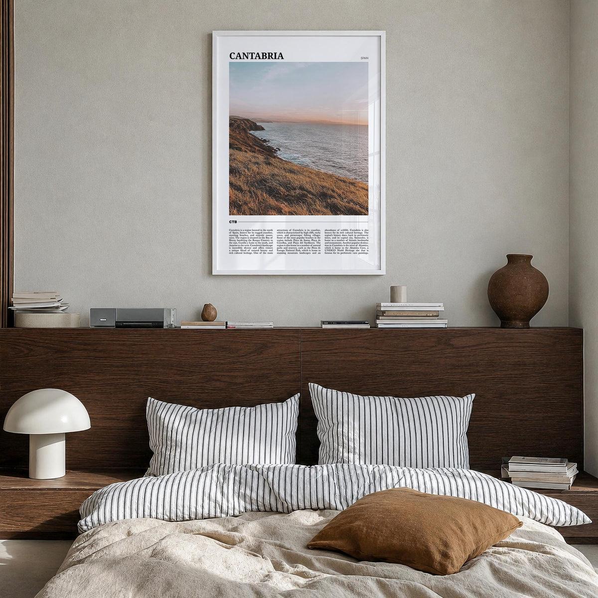 Cantabria colorful travel poster of Spain – vertical wall art in white wood frame, hanging on wall