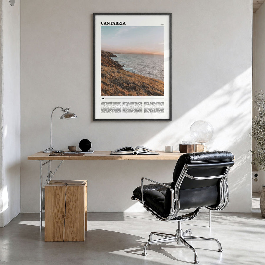 Cantabria Travel Poster in a black wood frame, hanging in a bright home office