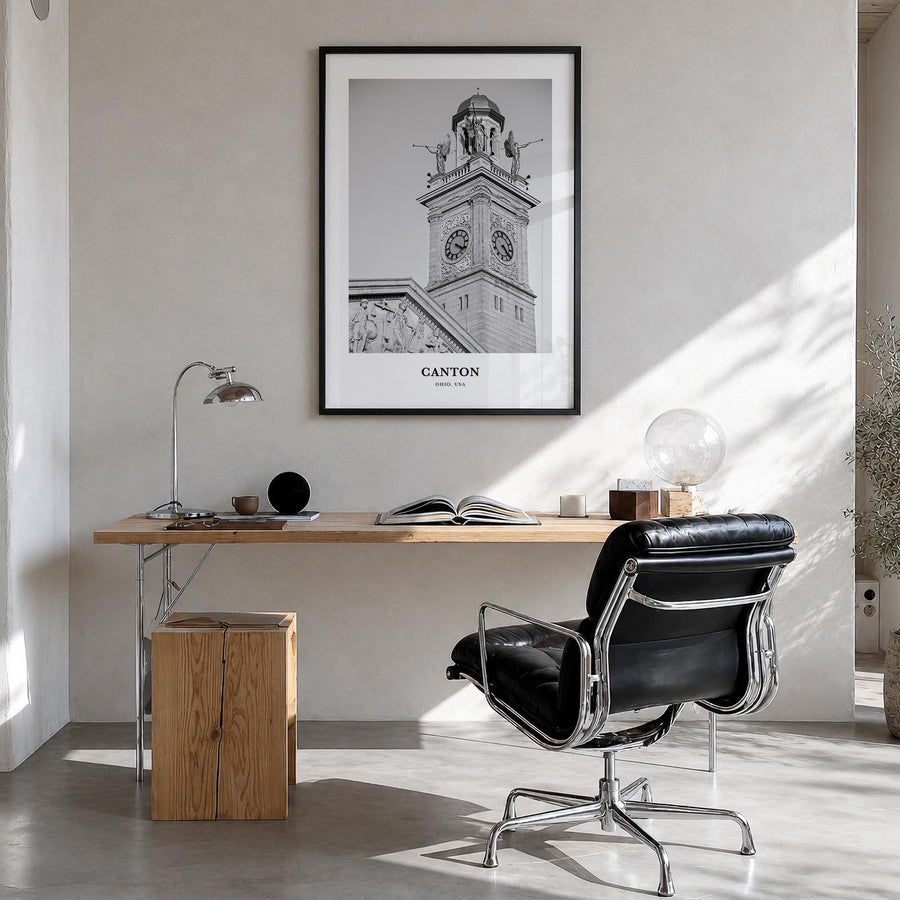 Canton black & white classic poster of Ohio, USA – vertical wall art in black wood frame, hanging on wall