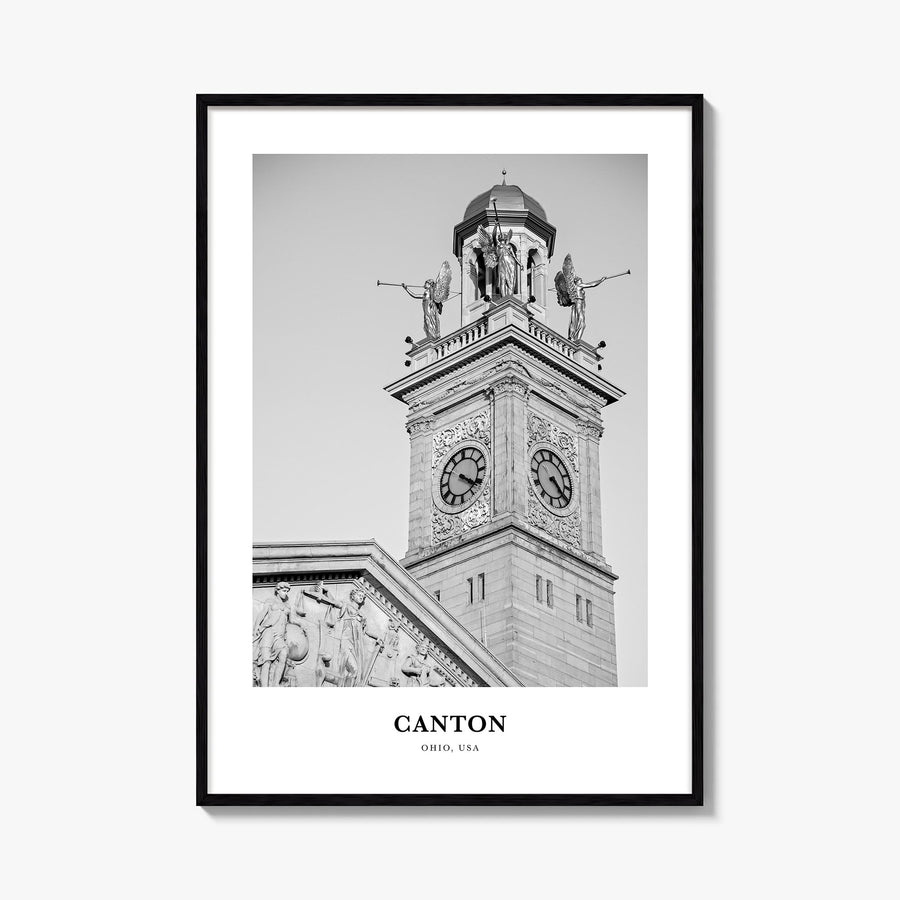Canton black & white classic poster of Ohio, USA – vertical wall art, unframed print shown in interior mockup