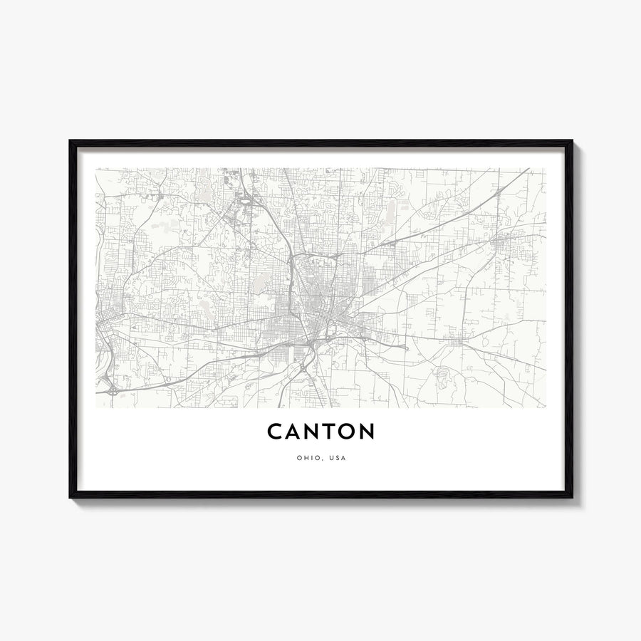 Canton black & white map poster of Ohio, USA – horizontal wall art, unframed print shown in interior mockup