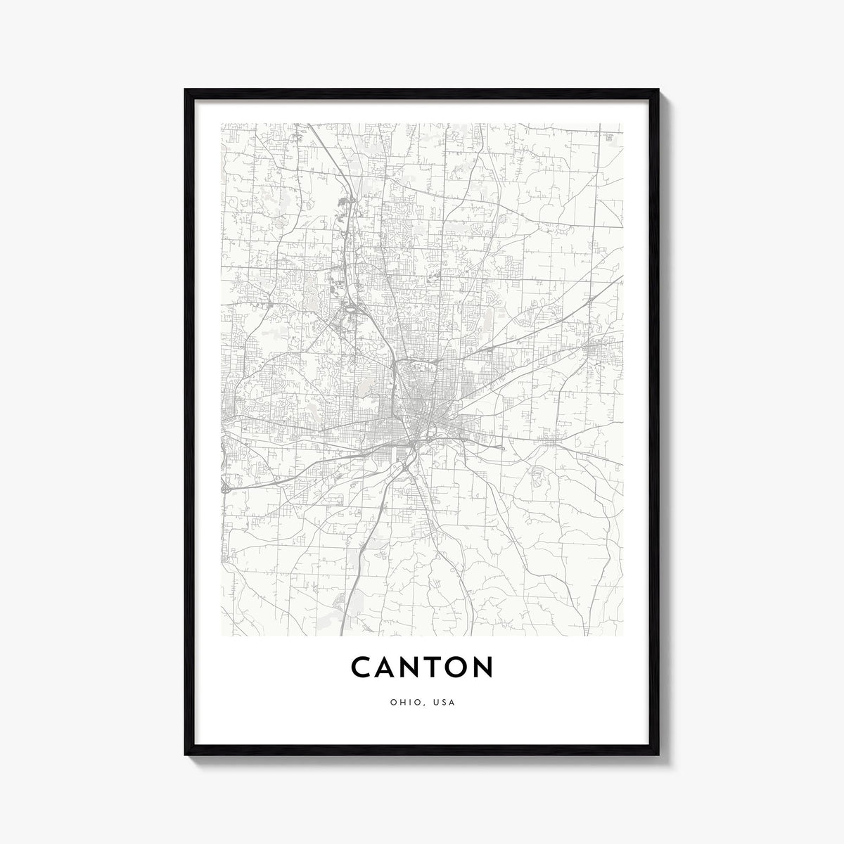 Canton black & white map poster of Ohio, USA – vertical wall art, unframed print shown in interior mockup