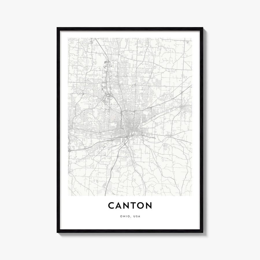 Canton black & white map poster of Ohio, USA – vertical wall art, unframed print shown in interior mockup