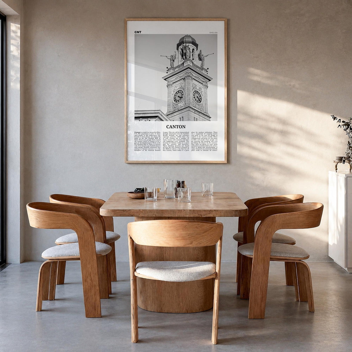 Canton black & white newspaper poster of Ohio, USA – vertical wall art in natural wood frame, hanging on wall
