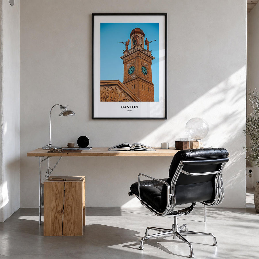 Canton colorful classic poster of Ohio, USA – vertical wall art in black wood frame, hanging on wall