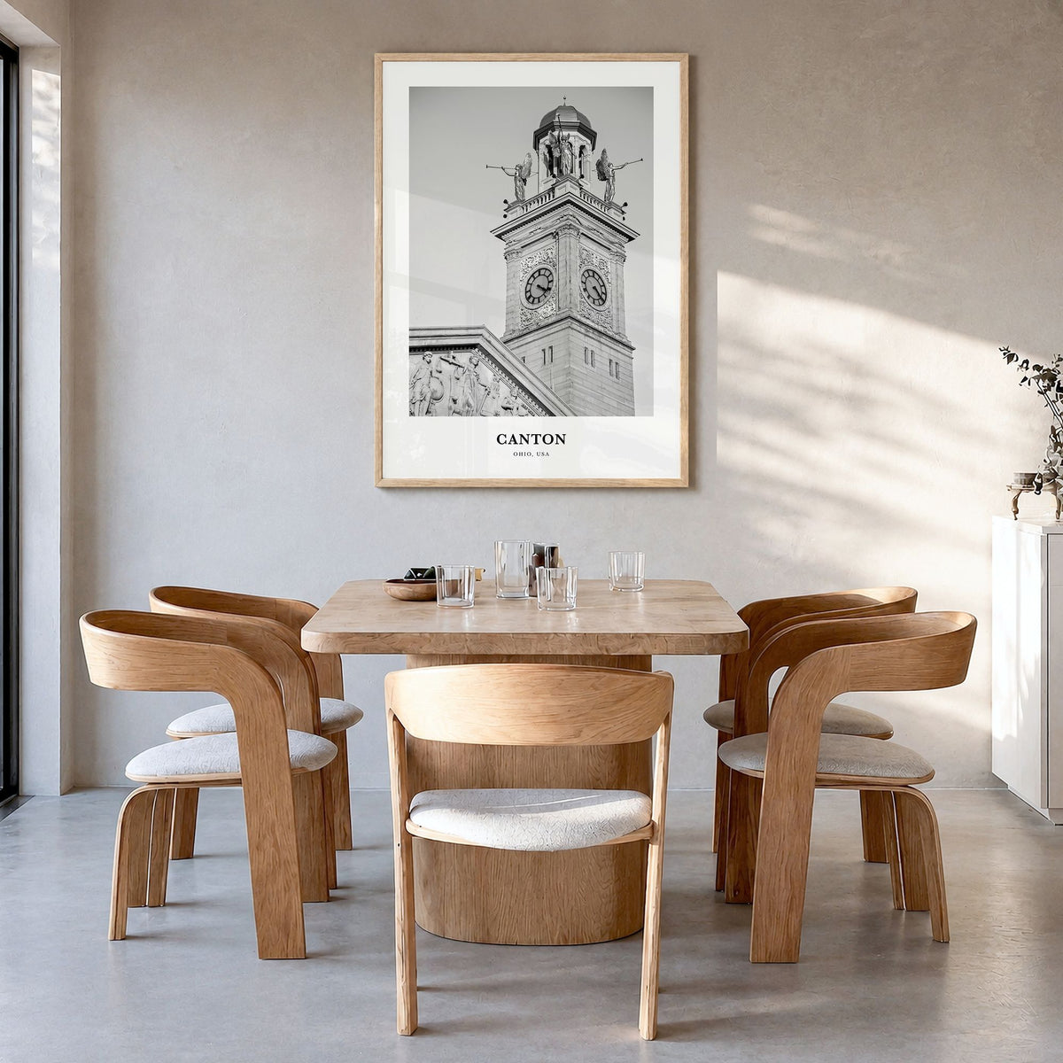 Canton Classic Poster in a natural wood frame, hanging in a dining room