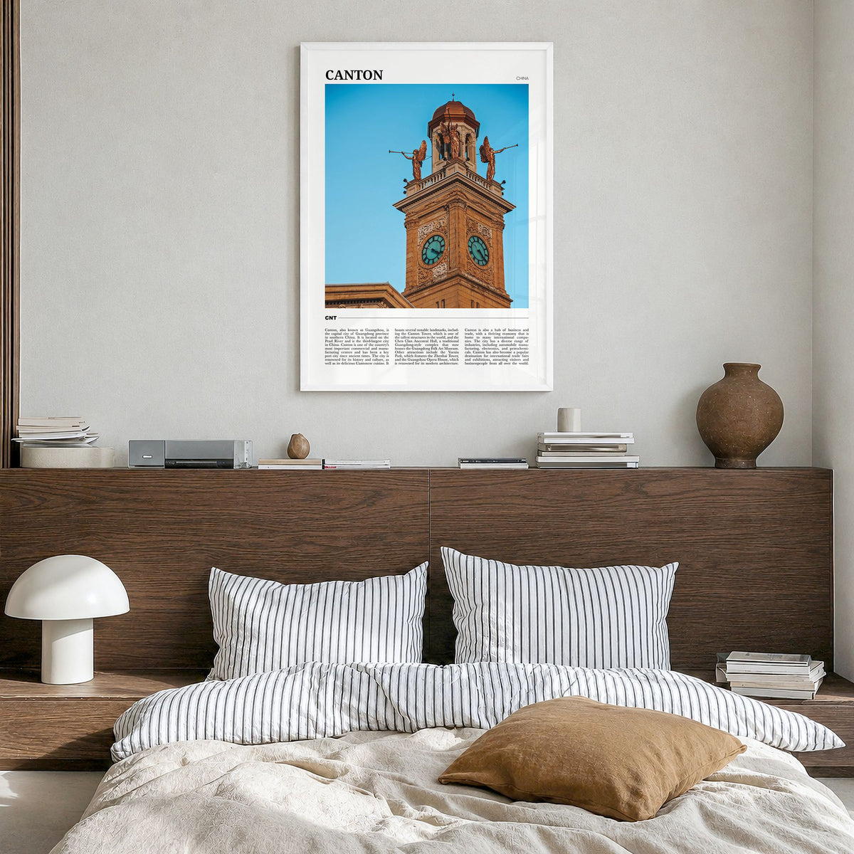 Canton Travel Poster in a white wood frame, hanging in a bedroom