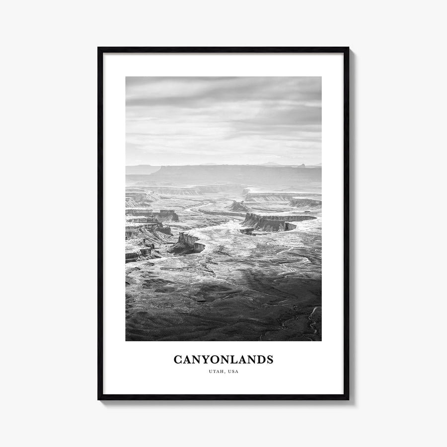 Canyonlands National Park black & white classic poster of Utah, USA – vertical wall art, unframed print shown in interior moc