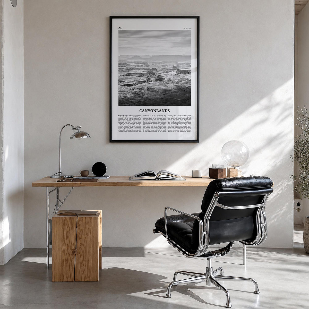 Canyonlands National Park black & white newspaper poster of Utah, USA – vertical wall art in black wood frame, hanging on wal