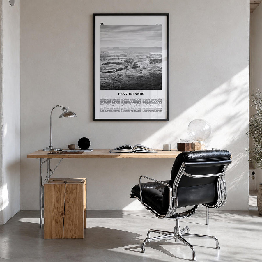 Canyonlands National Park black & white newspaper poster of Utah, USA – vertical wall art in black wood frame, hanging on wal
