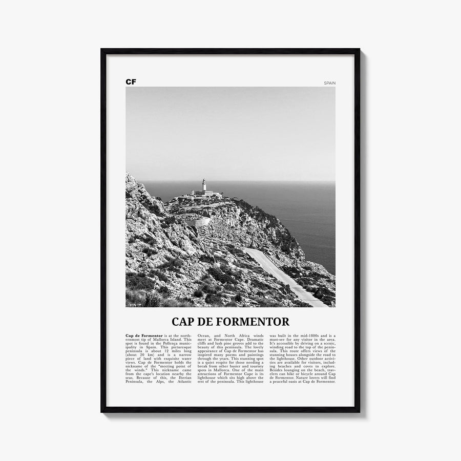 Cap de Formentor black & white newspaper poster of Spain – vertical wall art, unframed print shown in interior mockup