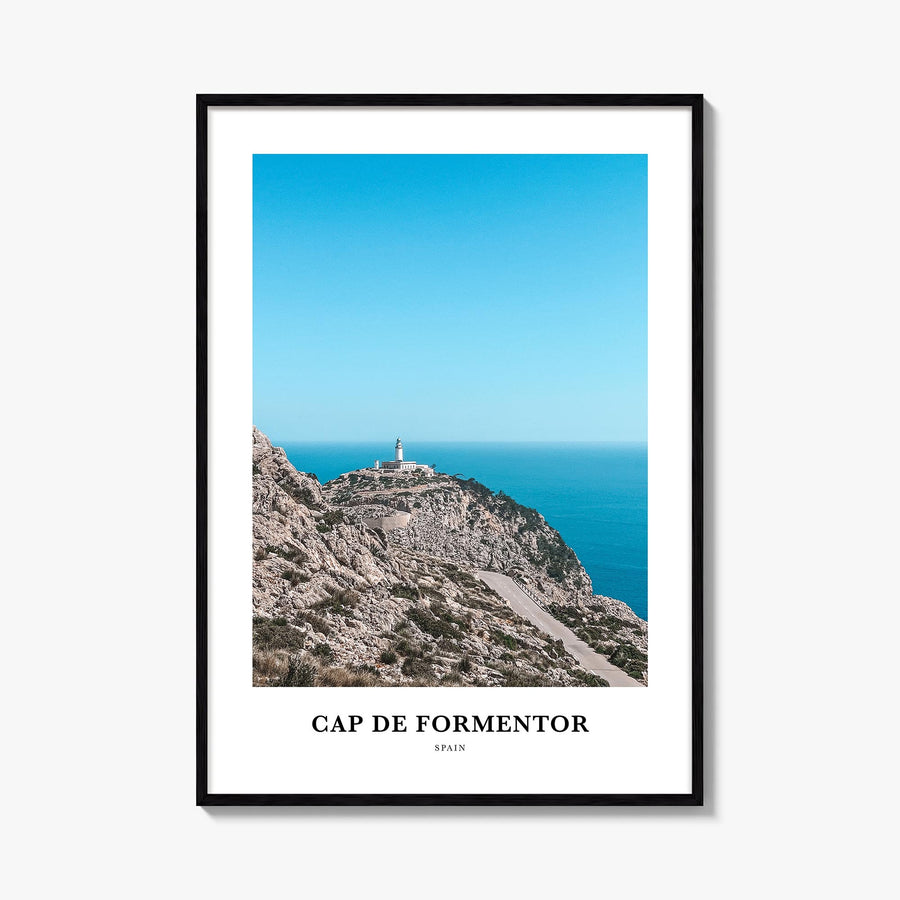 Cap de Formentor colorful classic poster of Spain – vertical wall art, unframed print shown in interior mockup