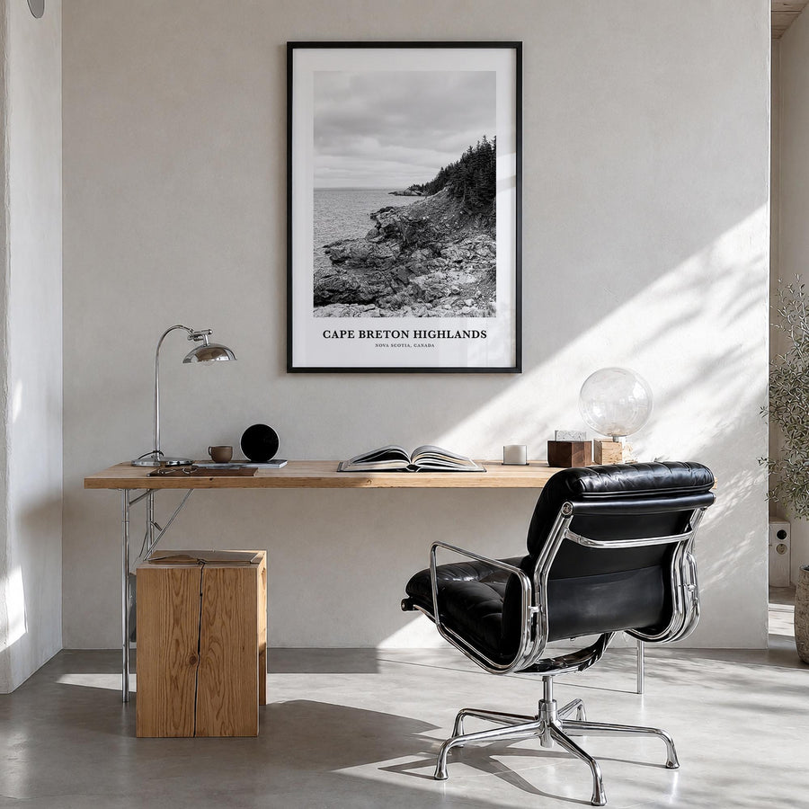 Cape Breton Highlands National Park black & white classic poster of Canada – vertical wall art in black wood frame, hanging o