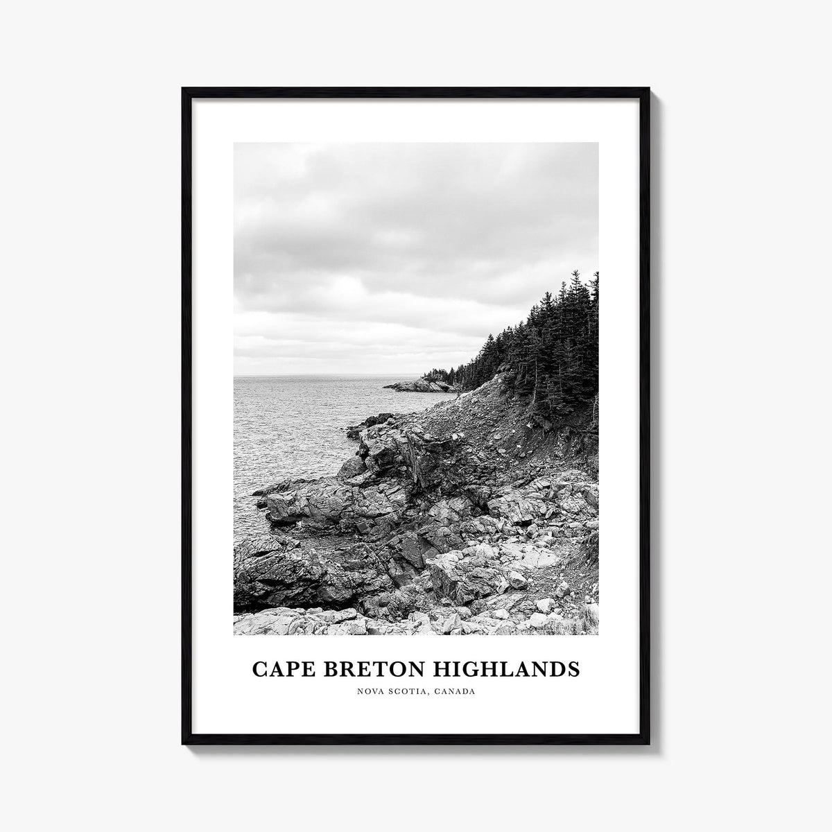 Cape Breton Highlands National Park black & white classic poster of Canada – vertical wall art, unframed print shown in inter