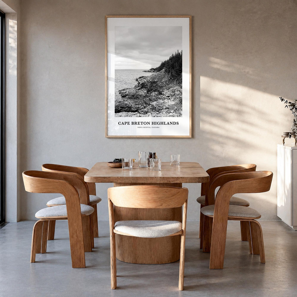 Cape Breton Highlands National Park black & white classic poster of Canada – vertical wall art in natural wood frame, hanging