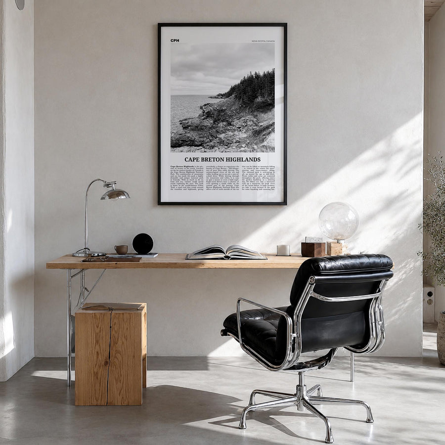 Cape Breton Highlands National Park black & white newspaper poster of Canada – vertical wall art in black wood frame, hanging