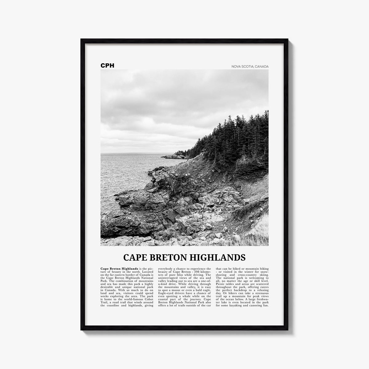 Cape Breton Highlands National Park black & white newspaper poster of Canada – vertical wall art, unframed print shown in int