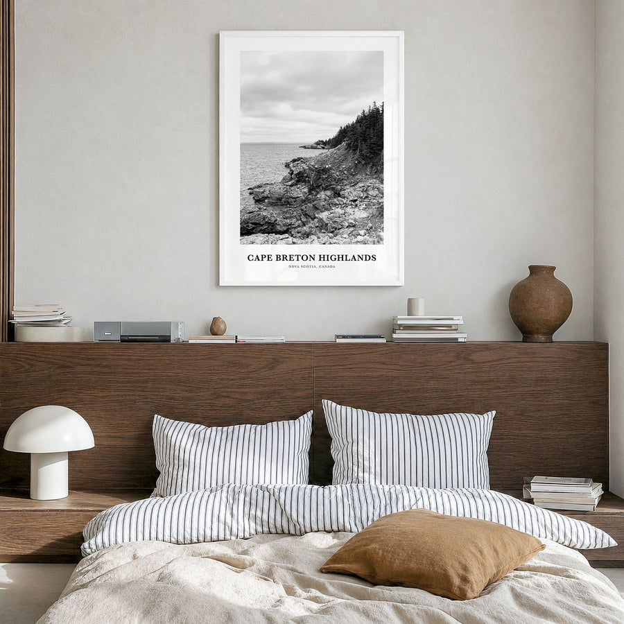 Cape Breton Highlands National Park Classic Poster in a white wood frame, hanging in a bedroom