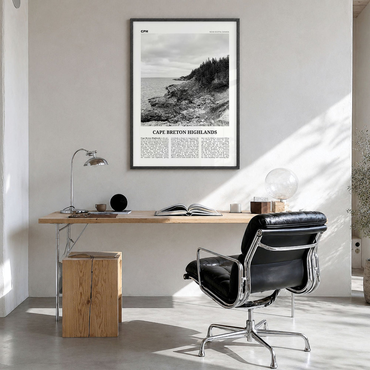Cape Breton Highlands National Park Newspaper Poster in a black wood frame, hanging in a bright home office
