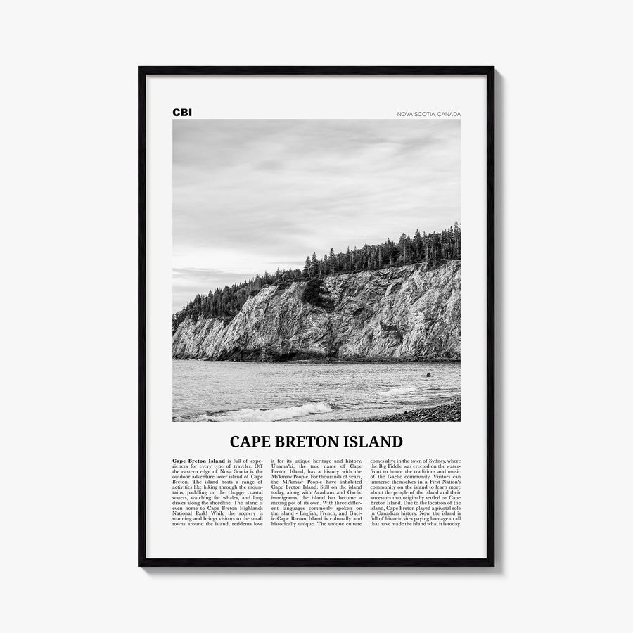 Cape Breton Island black & white newspaper poster of Nova Scotia, Canada – vertical wall art, unframed print shown in interio
