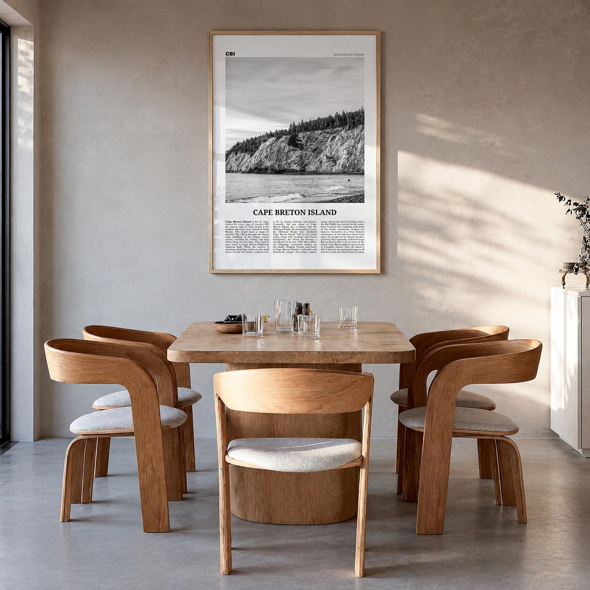 Cape Breton Island black & white newspaper poster of Nova Scotia, Canada – vertical wall art in natural wood frame, hanging o