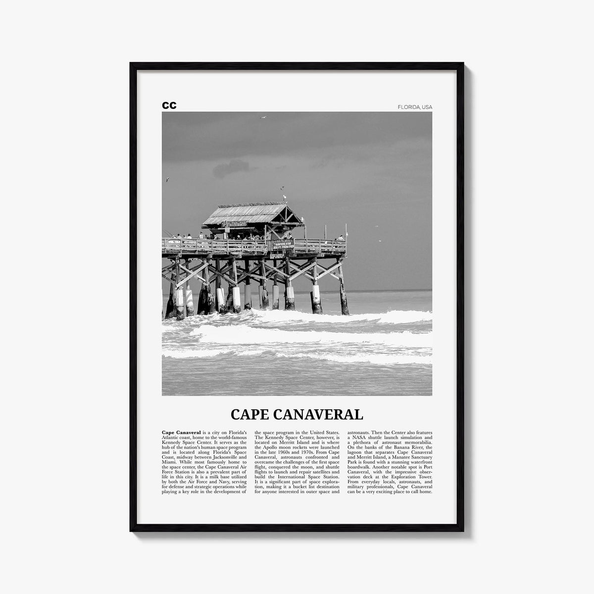 Cape Canaveral black & white newspaper poster of Florida, USA – vertical wall art, unframed print shown in interior mockup