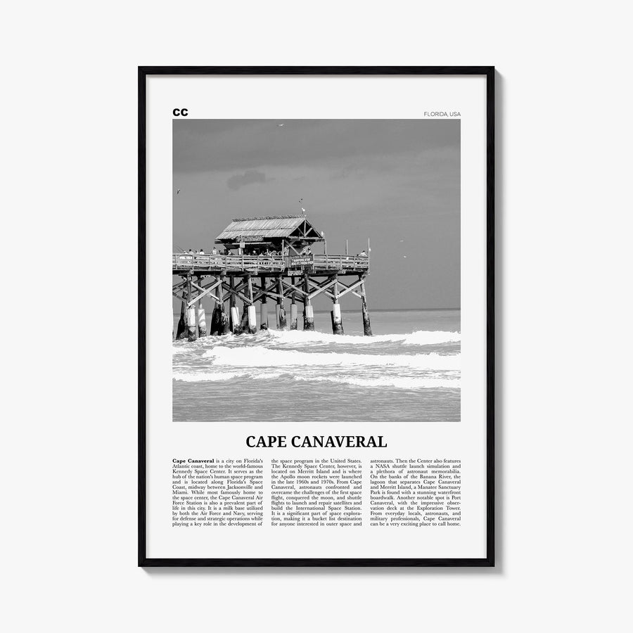 Cape Canaveral black & white newspaper poster of Florida, USA – vertical wall art, unframed print shown in interior mockup